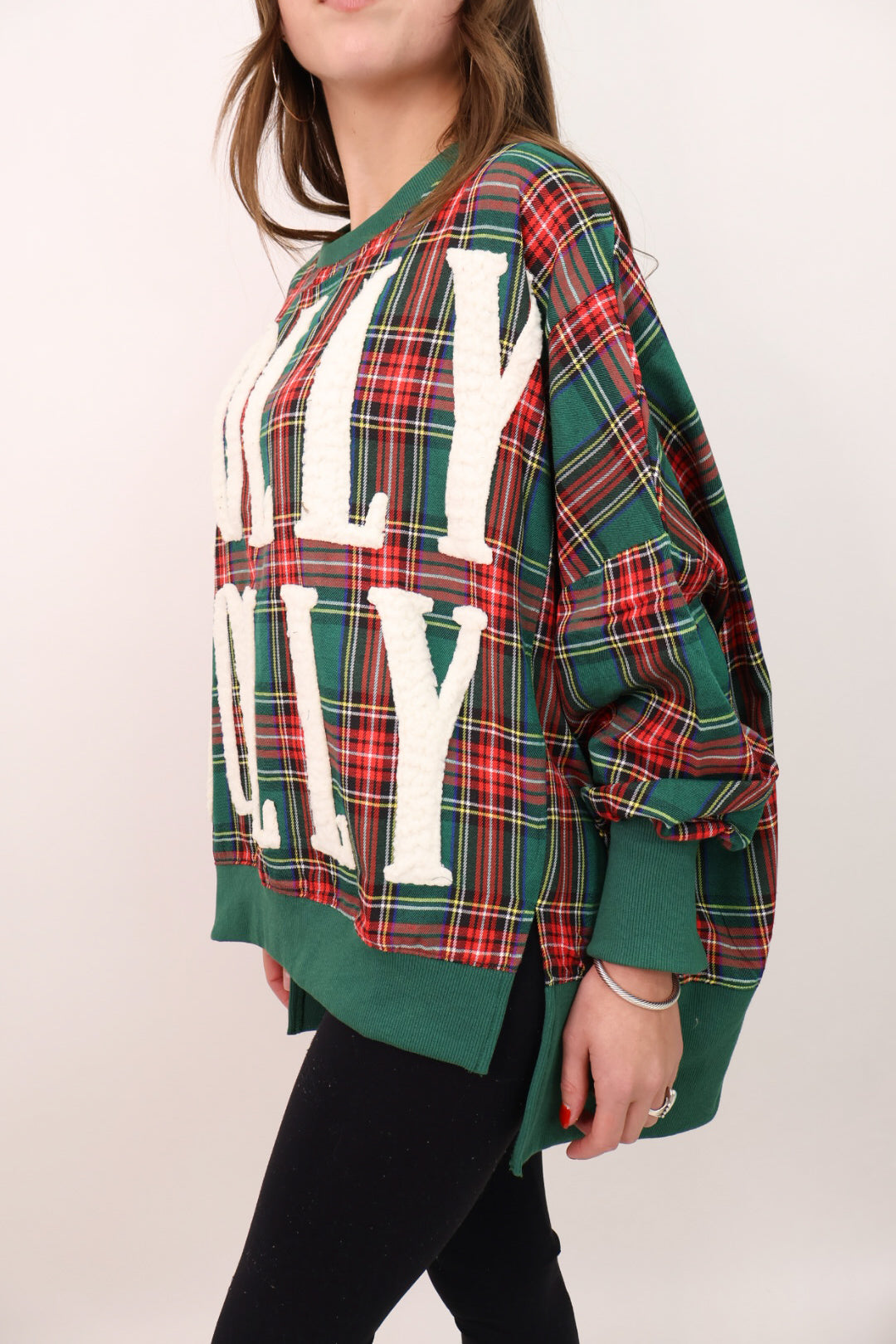 Green Plaid Chenille Patch Holly Jolly Pullover