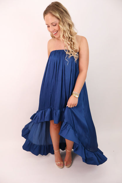 Satin Strapless High-Low Maxi Dress - Midnight Blue
