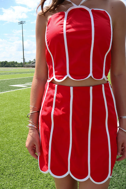 Red Scalloped Halter Top and Mini Skirt Set