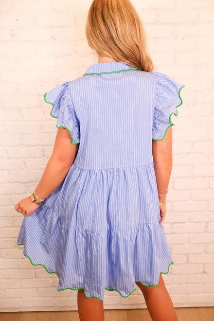 Blue Stripe Ruffle Trim Dress