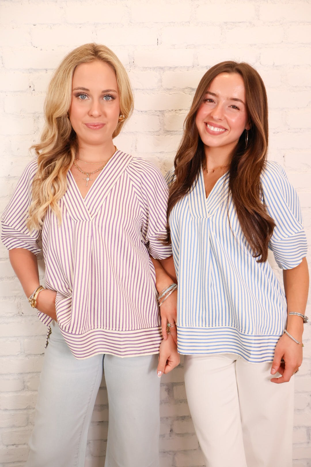 Relaxed Striped V-Neck Top - Lavender
