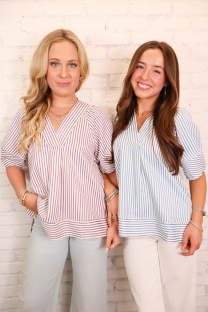 Relaxed Striped V-Neck Top - Lavender