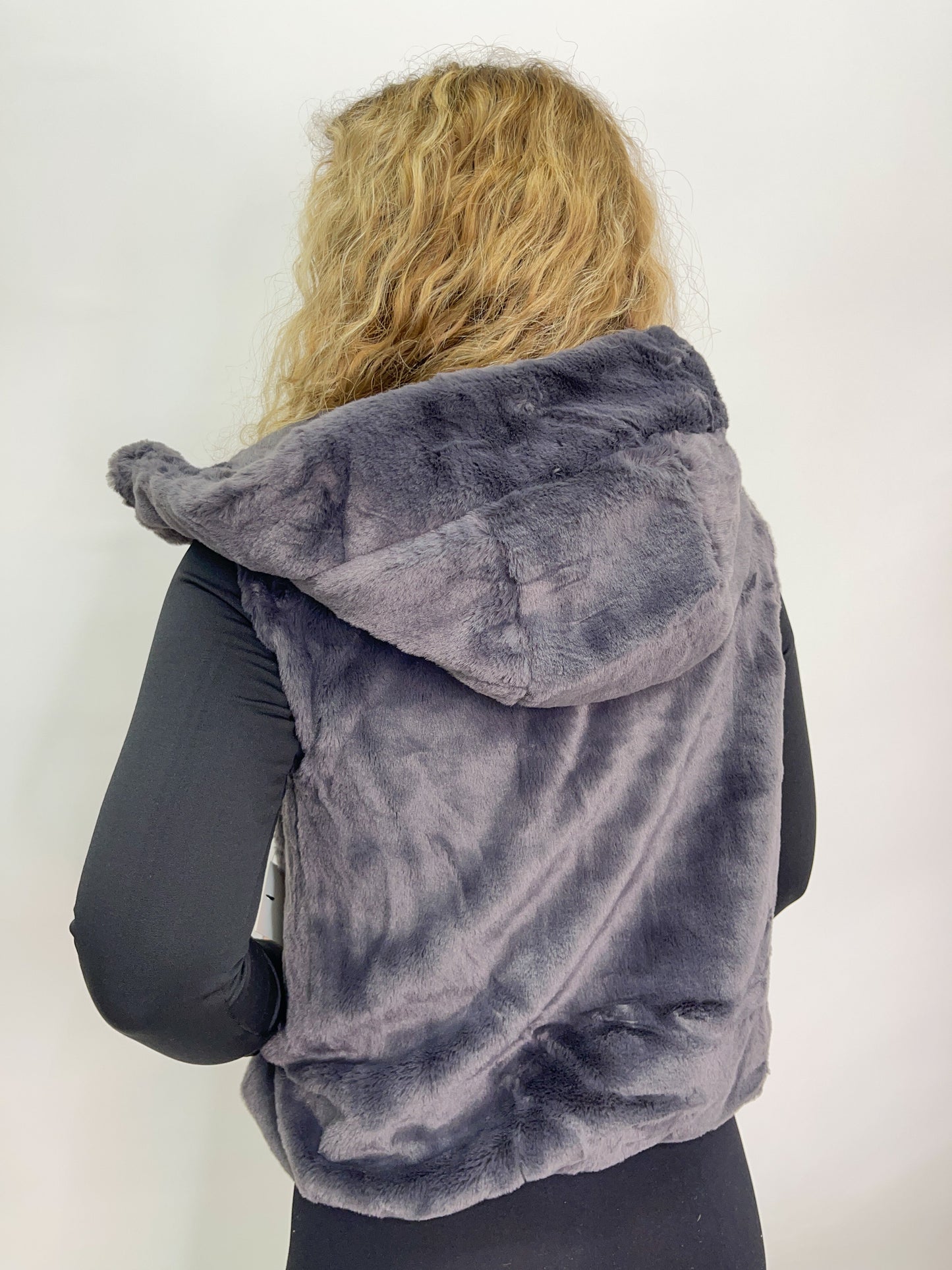 Faux Fur Hooded Vest - Grey