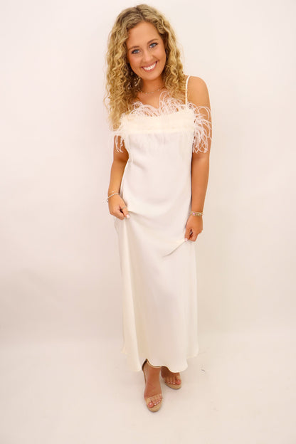Ivory Feather Trim Slip Dress