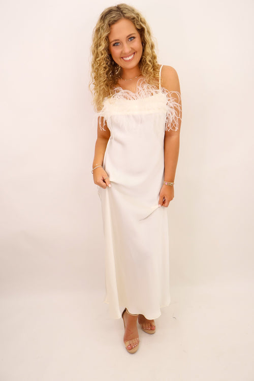 Ivory Feather Trim Slip Dress