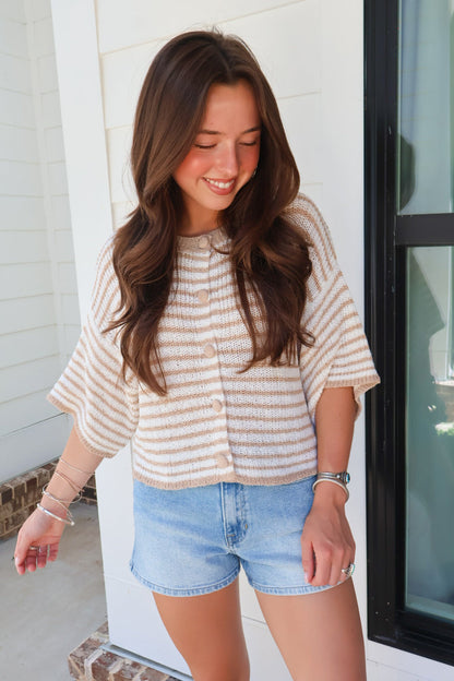 Taupe Striped Button Front Sweater