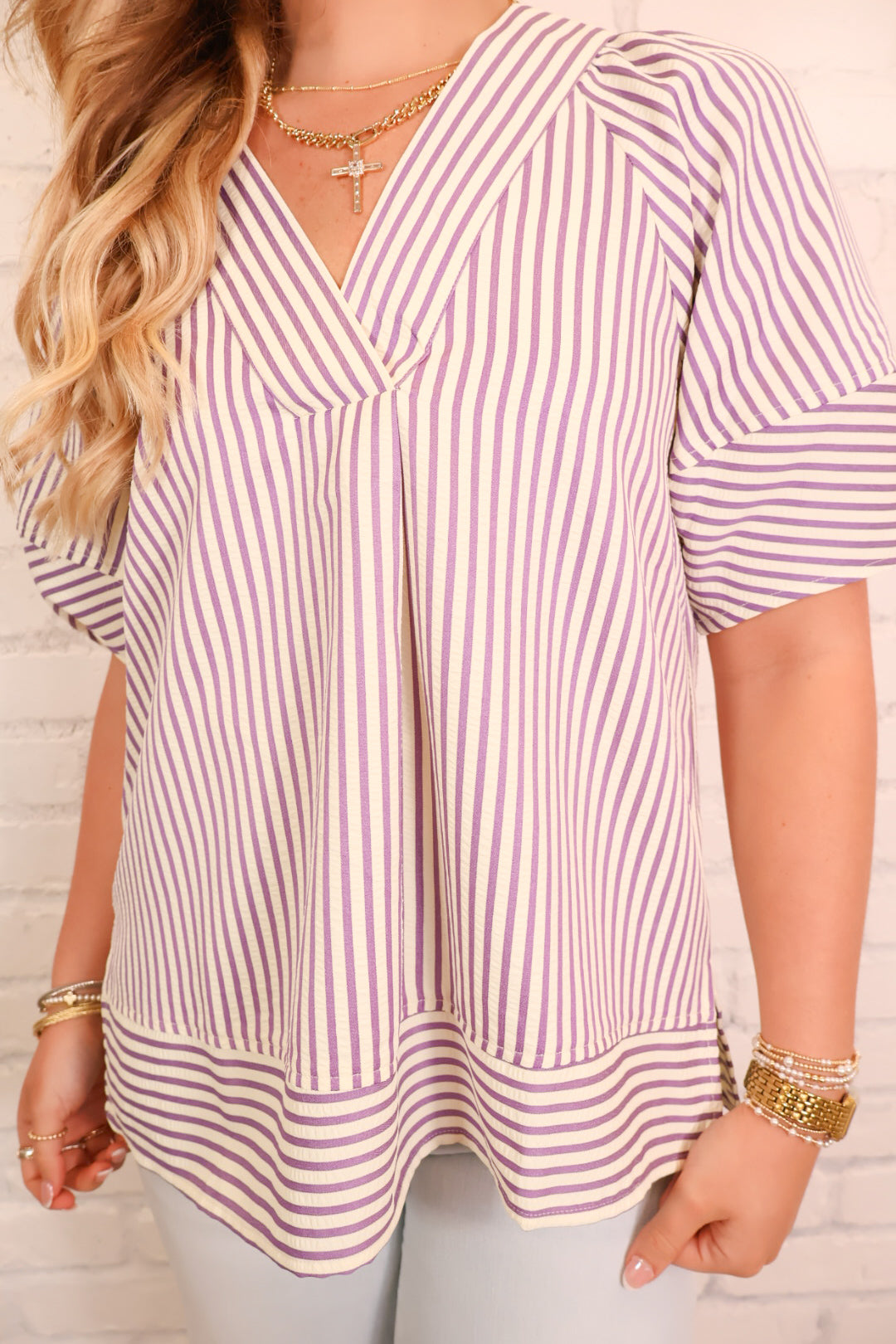 Relaxed Striped V-Neck Top - Lavender