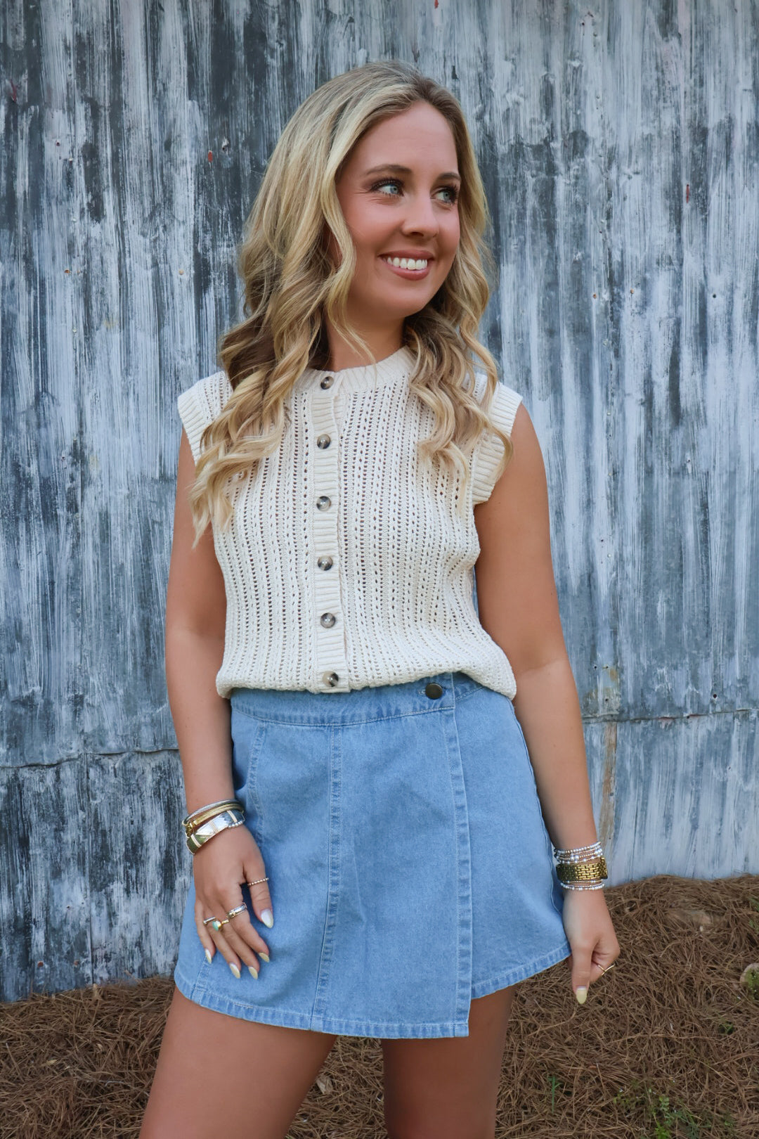 Cream Crochet Button Front Vest