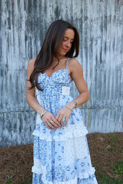 Blue Floral Patchwork Midi Dress