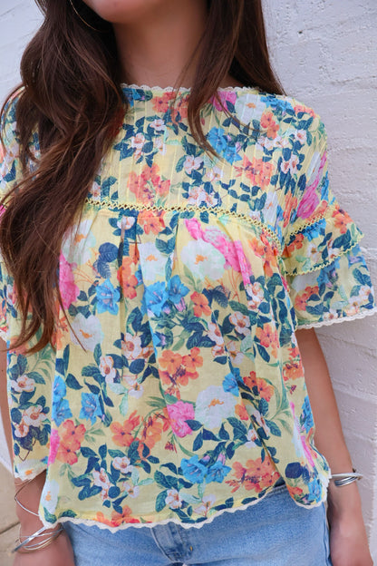 Yellow Garden Floral Ruffle Sleeve Top