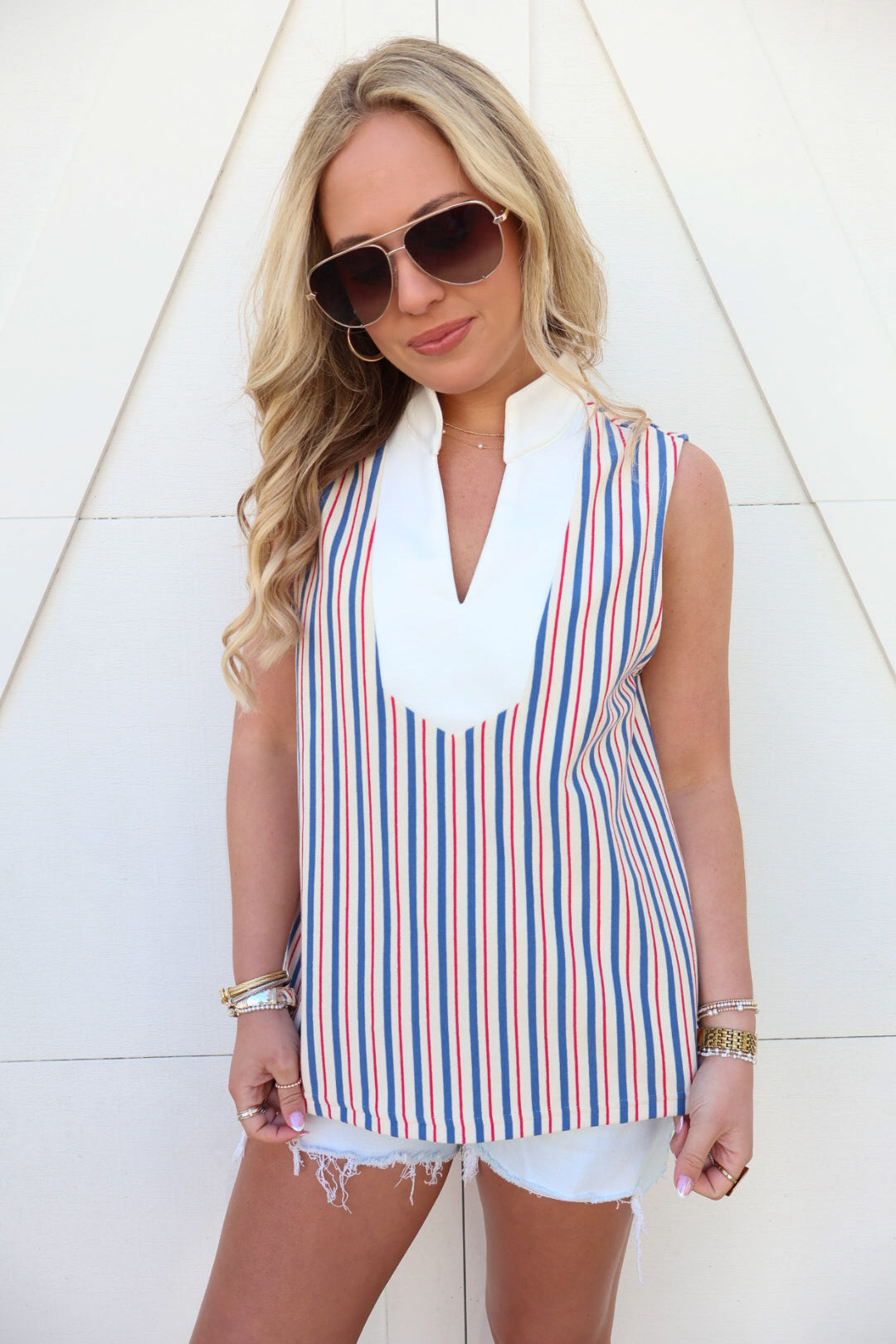 Red White Blue Striped Sleeveless Top