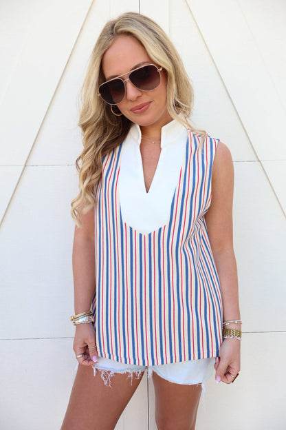 Red White Blue Striped Sleeveless Top