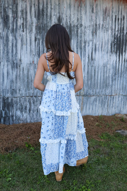 Blue Floral Patchwork Midi Dress