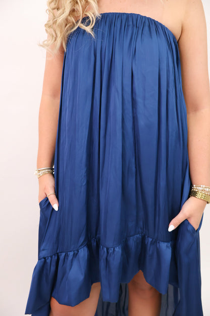 Satin Strapless High-Low Maxi Dress - Midnight Blue