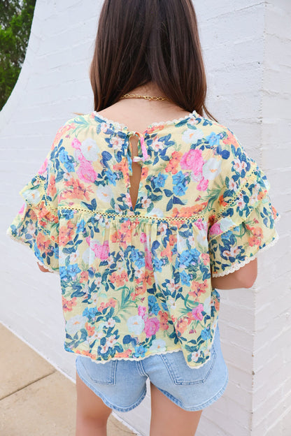 Yellow Garden Floral Ruffle Sleeve Top