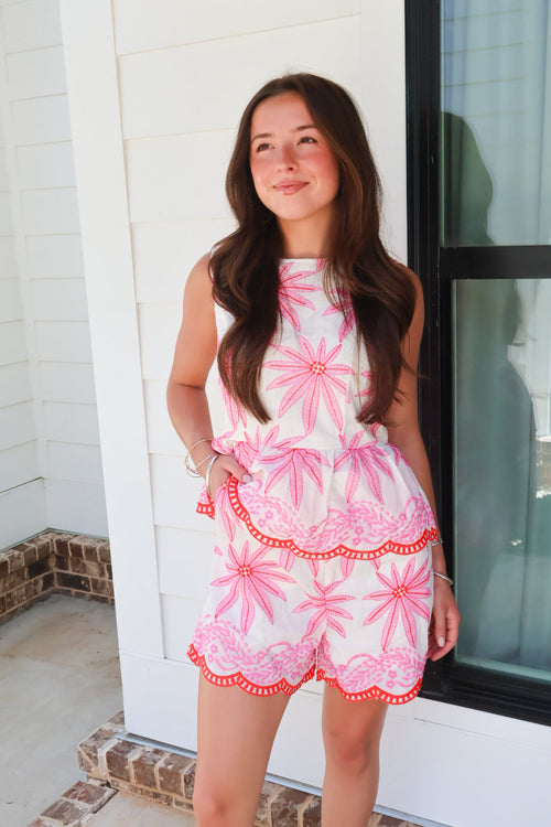 Pink Embroidered Peplum Top & Shorts Set