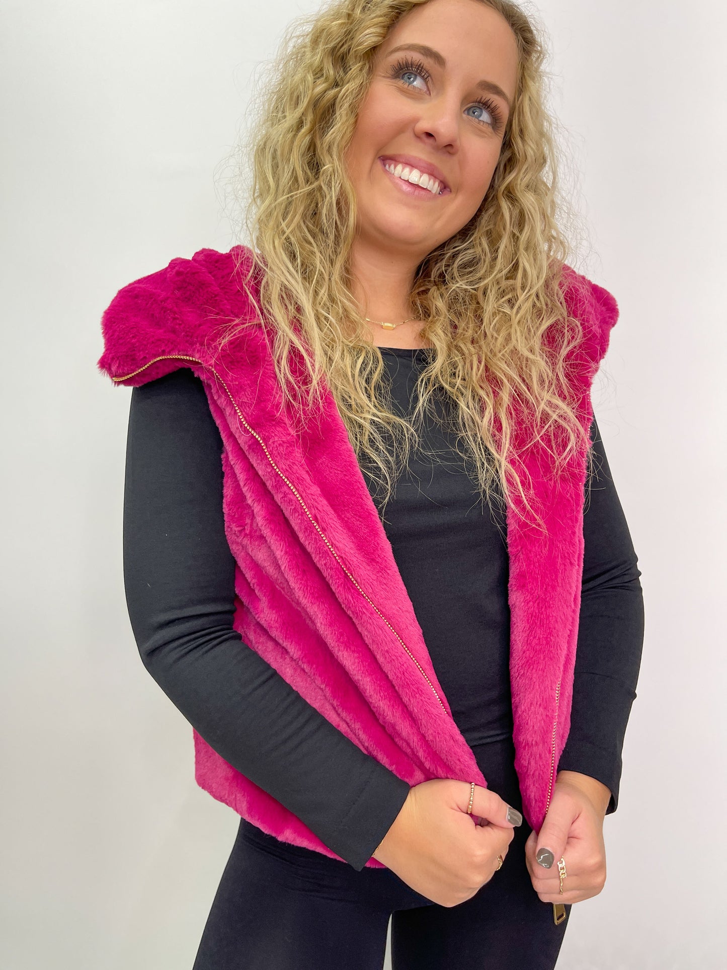 Faux Fur Hooded Vest - Magenta