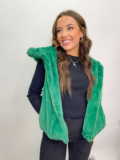 Faux Fur Hooded Vest - Green
