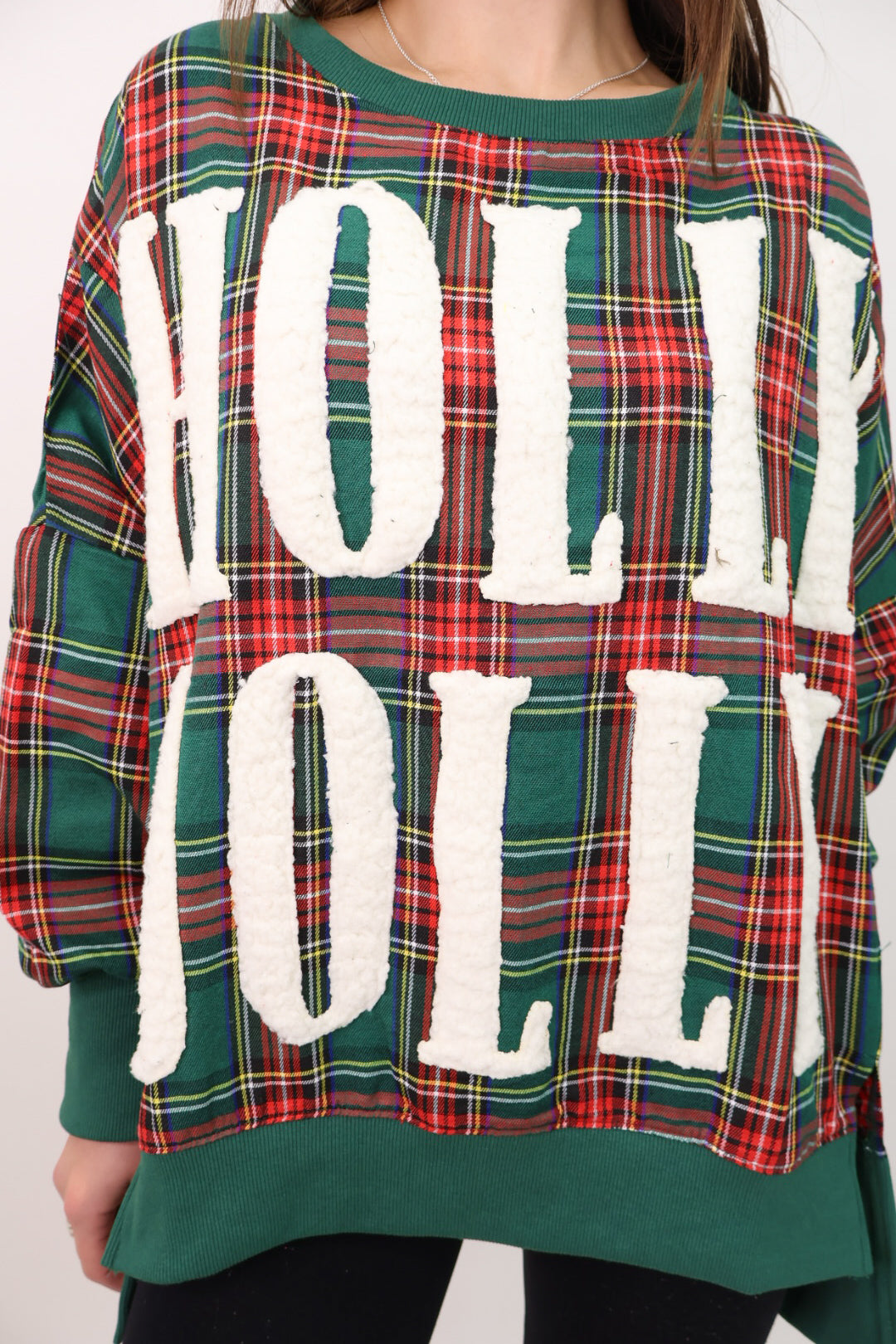 Green Plaid Chenille Patch Holly Jolly Pullover