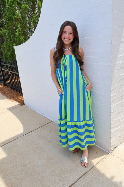 Sunset Stroll Stripe Maxi Dress - Lime + Blue