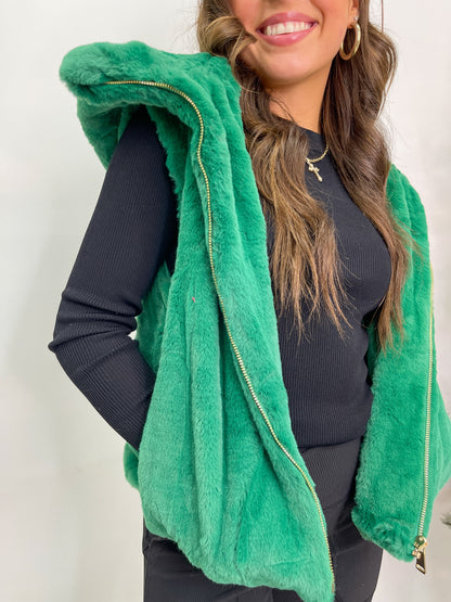 Faux Fur Hooded Vest - Green