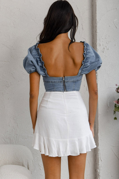 Cathlin Puff Sleeve Denim Crop Top Blue