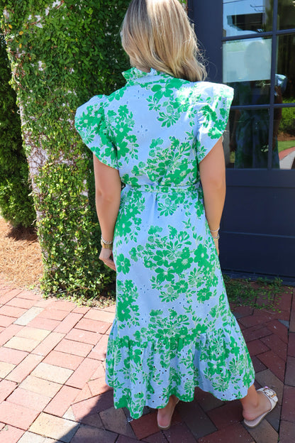 Eyelet Floral Belted Midi Dress - Blue Green