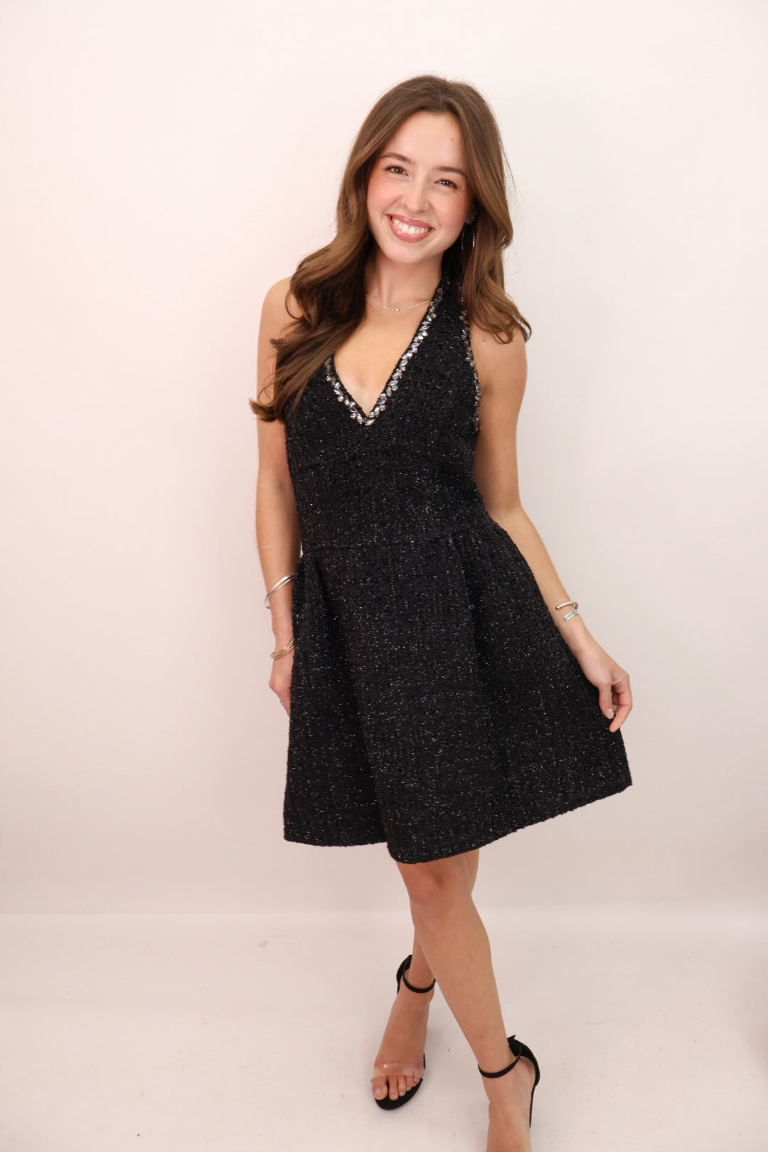 Black Tweed Rhinestone Halter Dress