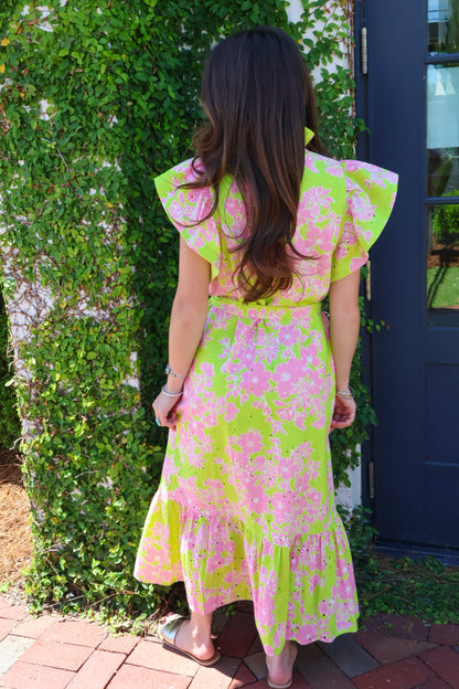 Eyelet Floral Belted Midi Dress - Lime Green