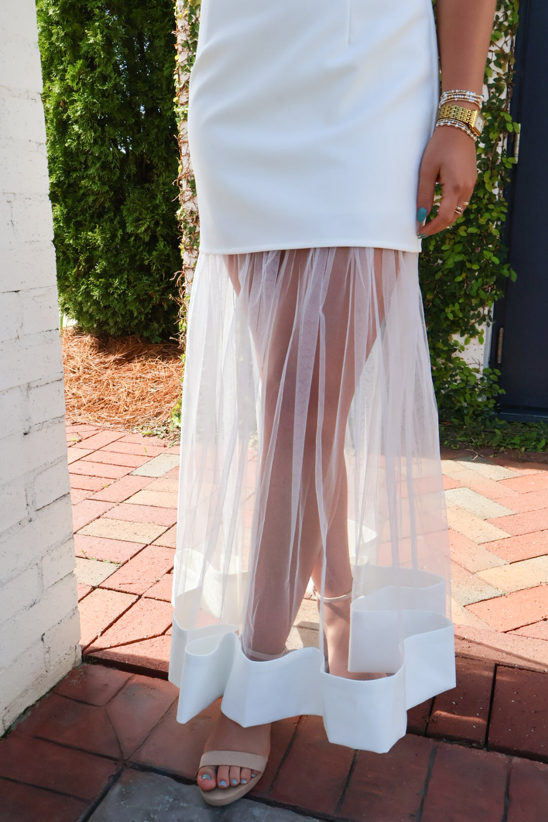 Ivory Elegance Mesh Hem Midi Dress