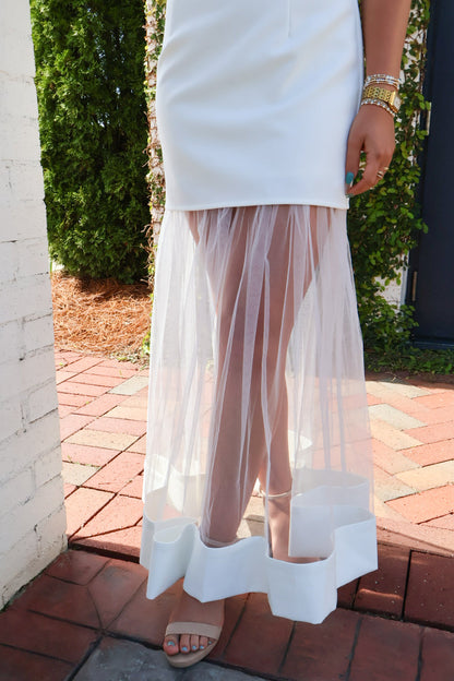 Ivory Elegance Mesh Hem Midi Dress