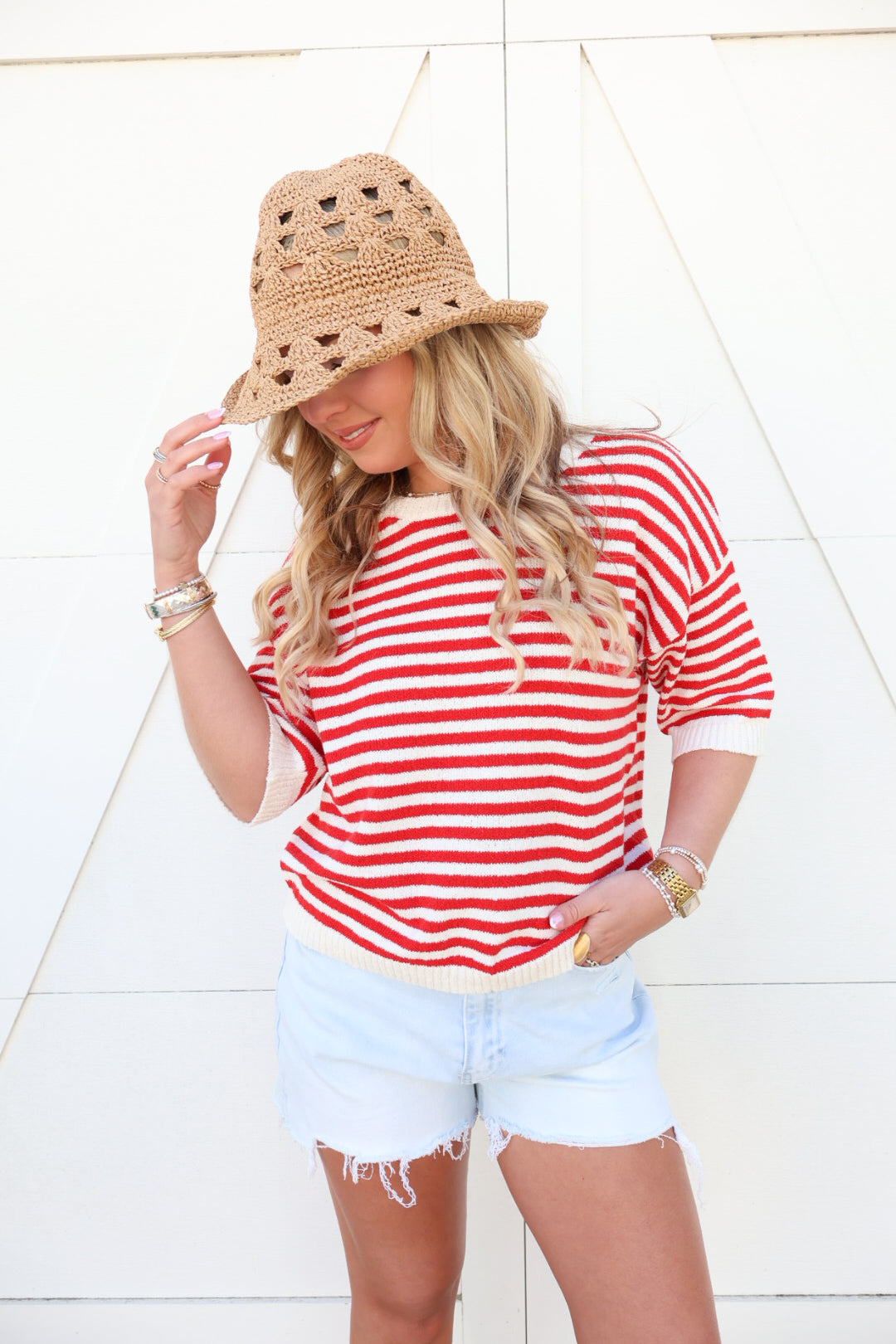 Red & White Stripe Button Back Top