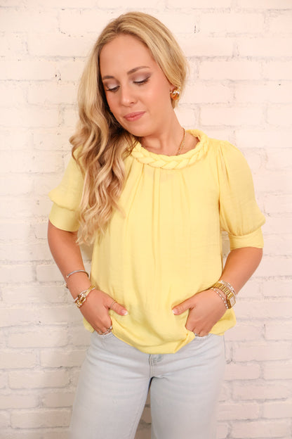 Braided Neck Satin Blouse - Yellow