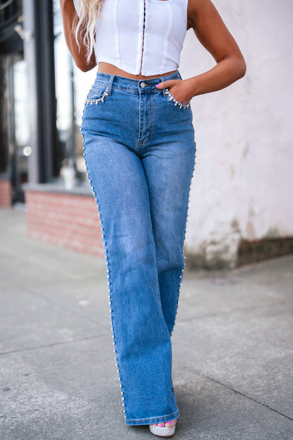 Rhinestone High-Rise Wide Leg Jeans