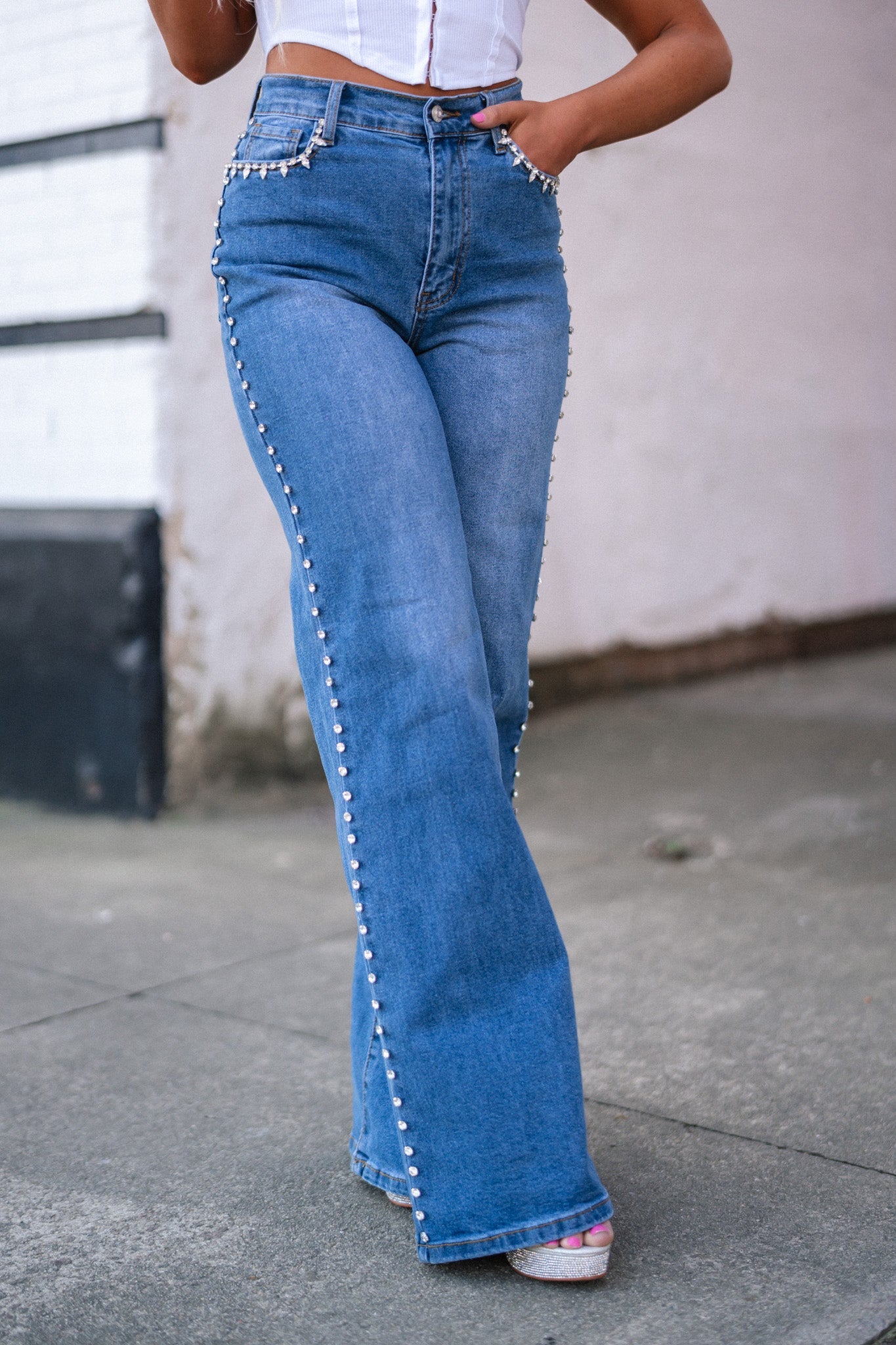 Rhinestone High-Rise Wide Leg Jeans