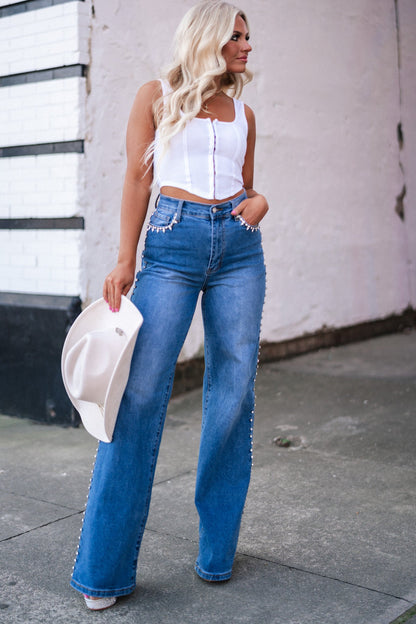 Rhinestone High-Rise Wide Leg Jeans