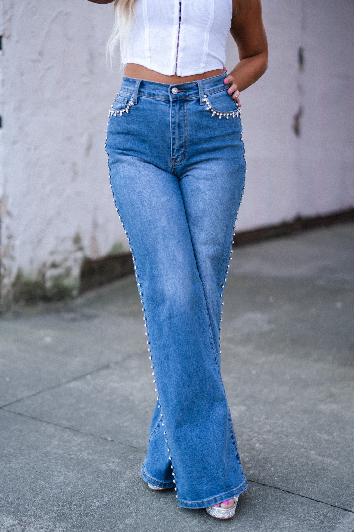 Rhinestone High-Rise Wide Leg Jeans