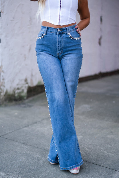 Rhinestone High-Rise Wide Leg Jeans