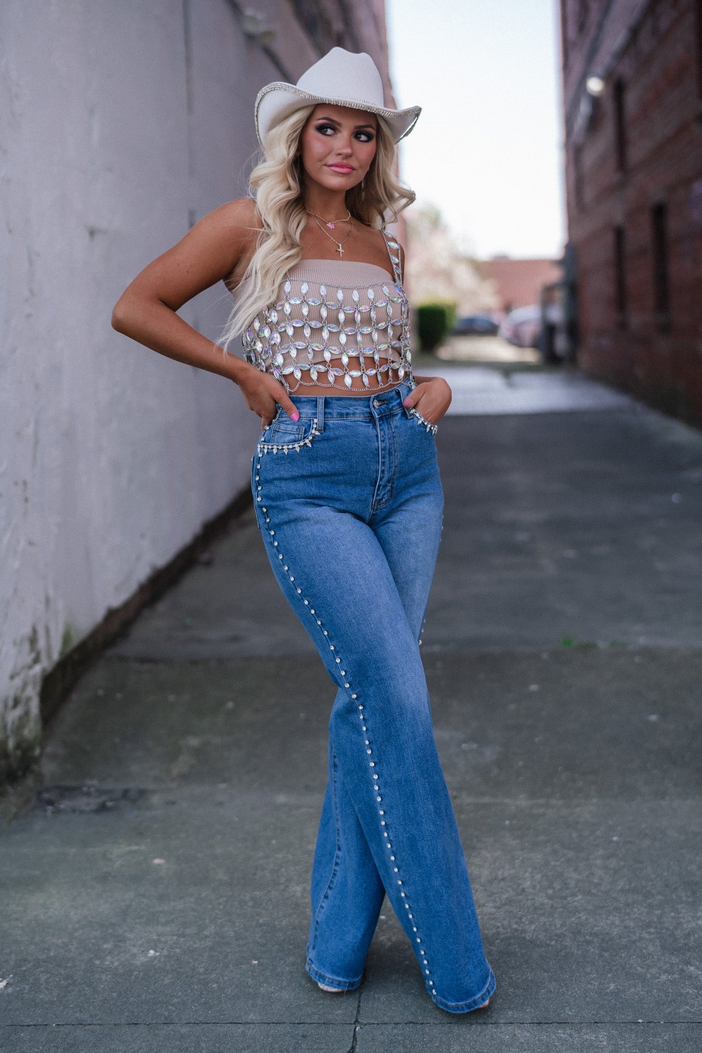 Rhinestone High-Rise Wide Leg Jeans