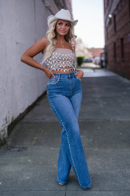 Rhinestone High-Rise Wide Leg Jeans
