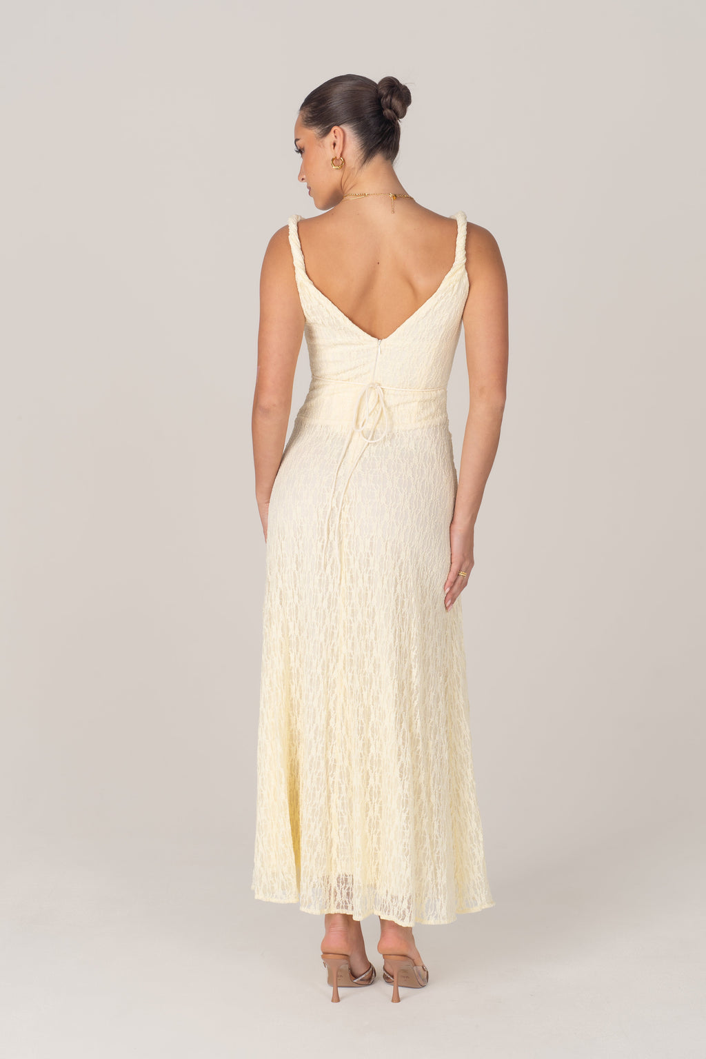 Delia Lace Yellow Maxi Dress with Twist Details
