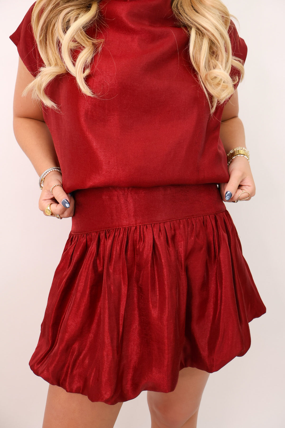 Shimmer Balloon Top + Skirt Set - Burgundy