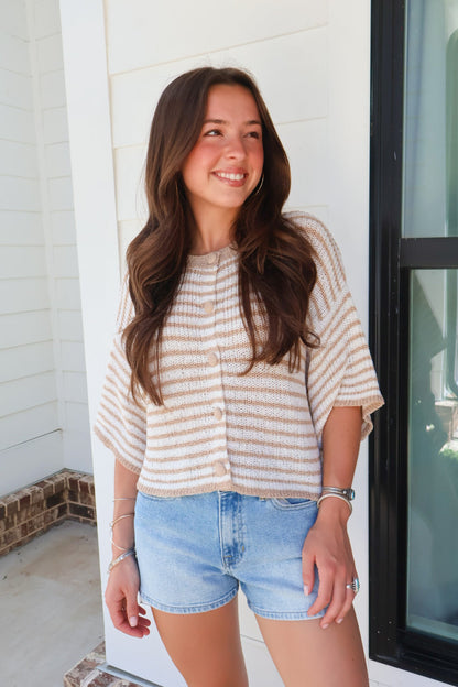 Taupe Striped Button Front Sweater