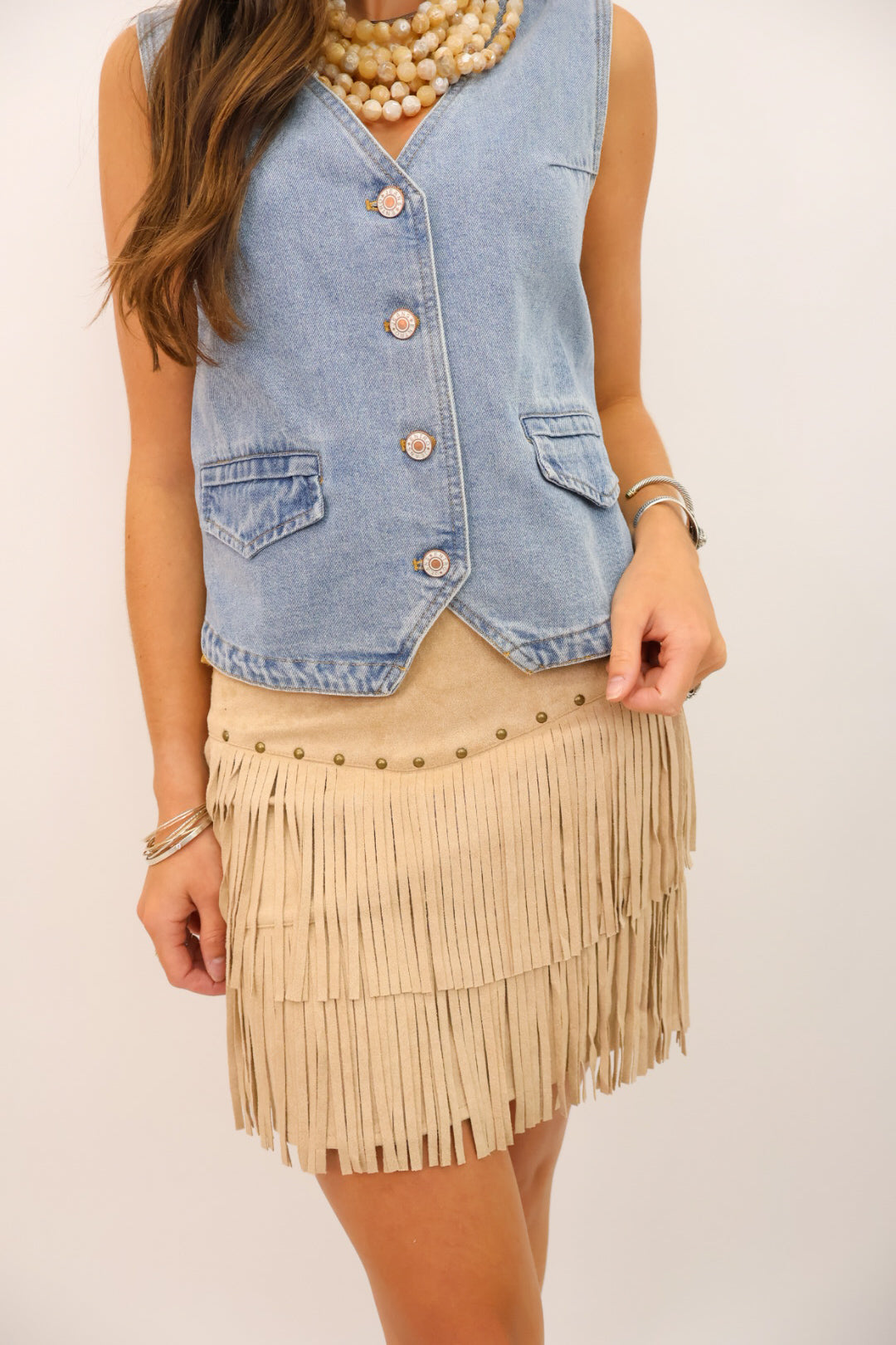 Studded Fringe Suede Skirt - Taupe