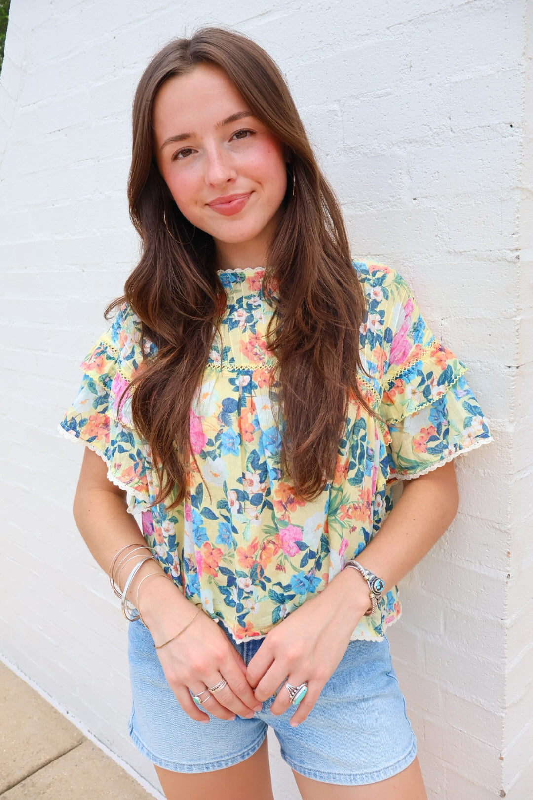 Yellow Garden Floral Ruffle Sleeve Top