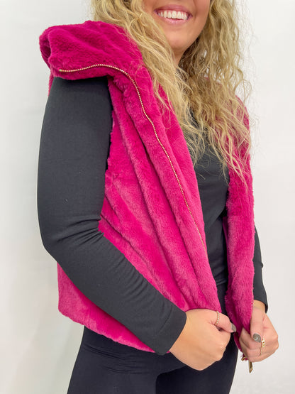 Faux Fur Hooded Vest - Magenta