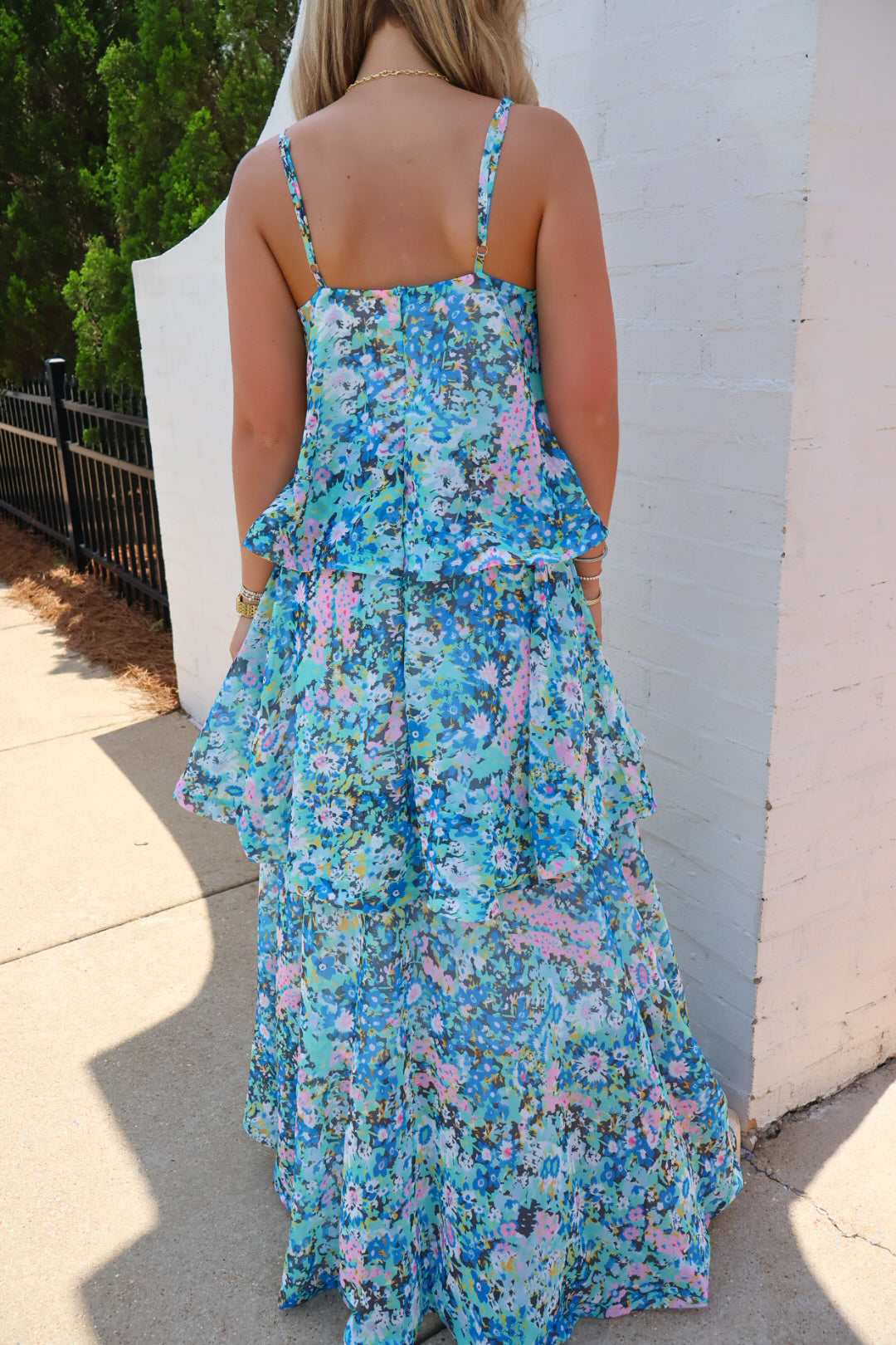Blue Floral Tiered Ruffle Maxi Dress