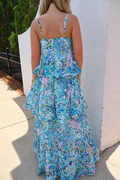 Blue Floral Tiered Ruffle Maxi Dress