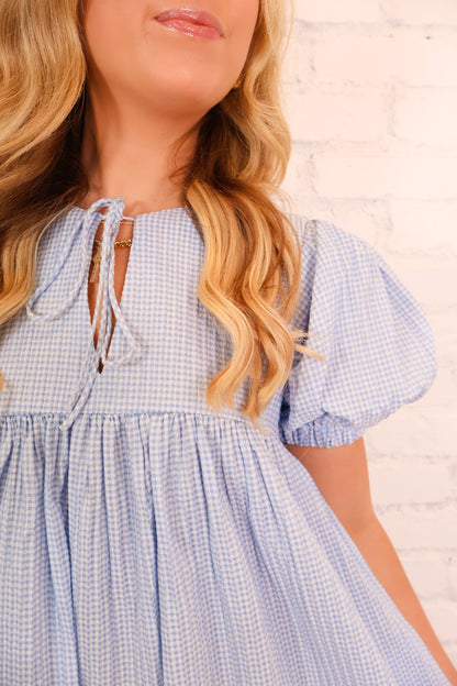 Gingham Babydoll Dress - Blue