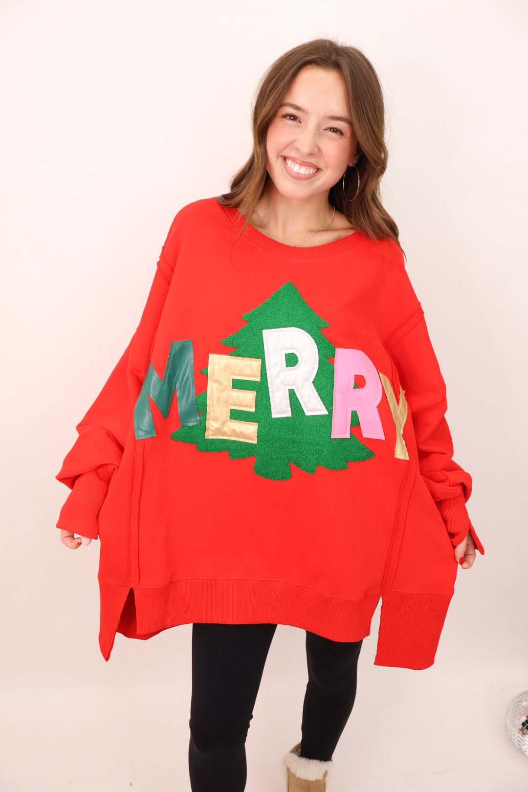 Merry Leather Patch Red Pullover